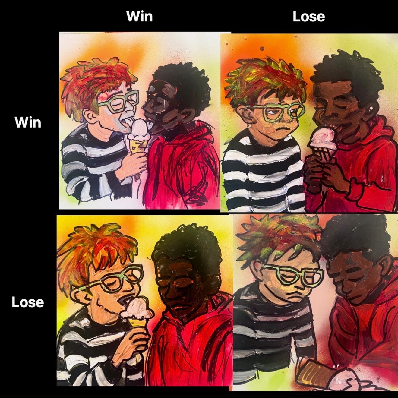 Habit 4: Think Win-Win. Four illustrated outcomes: win-win, win-lose, lose-win, and lose-lose.